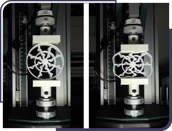 Side-by-side comparison on compressed versus non-compressed airless tire and metamaterial