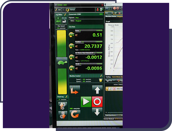 Tinius Olsen Horizon software test results data on screen