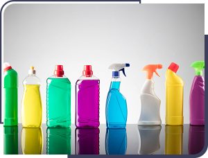 A lineup of bottles representing the various types of plastics and polymers used in manufacturing plastic bottles.